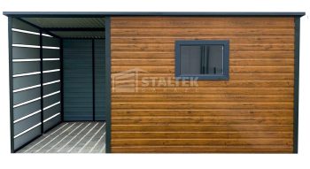 Schowek - Domek Ogrodowy 3x2m + wiata 1,5m - Drzwi - okno - jasny orzech - dach spad w tył ST134