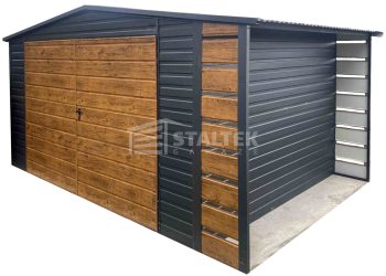 Schowek - Domek Ogrodowy  4x3m + Wiata 0,5m - Brama dwuskrzydłowa - Jasny orzech - Antracyt - Drewnopodobny - dach Dwuspadowy ST180