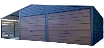 Garaż blaszany 6x6m - wiata 3m - 2x Brama - Antracyt - ciemny orzech - drewnopodobny Dach dwuspadowy ST177