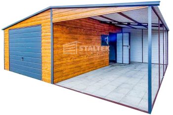 Garaż Blaszany 4x6m + Wiata 4x6m - Brama Uchylna - Okno - Drzwi - Jasny orzech - Antracyt - Drewnopodobny - dach Dwuspadowy ST136