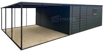 Garaż Blaszany 5x4m + Wiata 4m - Brama dwuskrzydłowa - Okno - Antracyt - dach spad w tył ST193
