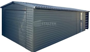 Garaż blaszany 4x6m - wiata 1m - brama - drzwi - okno - antracyt - rynna - dach dwuspadowy - blachodachówka ST197