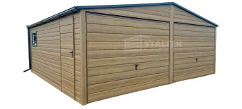 Garaż blaszany 6x5,8m - 2x brama uchylna - drzwi - okno - winchester - drewnopodobny - rynny - dach dwuspadowy ST137