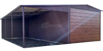 Garaż blaszany 3x6m + wiata 3m - brama uchylna - okno - ciemny brąz - dach dwuspadowy ST241