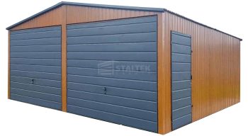 Garaż blaszany 6x6m - 2x brama uchylna - drzwi - złoty dąb - drewnopodobny - dach dwuspadowy ST250
