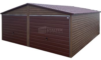 Garaż blaszany 6x5,8m - 2x brama dwuskrzydłowa - ciemny orzech - drewnopodobny - blachodachówka - dach dwuspadowy ST248