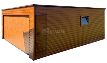 Garaż blaszany 6x5m - brama segmentowa - drzwi - okno - jasny orzech - drewnopodobny - dach spad w tył ST223