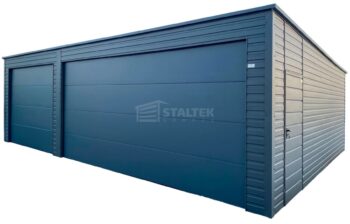 Garaż blaszany 9x5 m - 2x brama segmentowa - drzwi - antracyt - dach spad w tył ST271