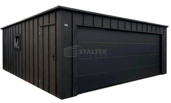 Garaż blaszany 6x6m - brama segmentowa - drzwi - okno - blacha na rąbek - antracyt - dach spad w tył - rynny ST268