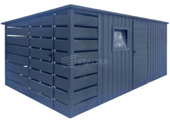 Schowek - Domek ogrodowy 4,5x3 m + wiata 1x3 m - brama dwuskrzydłowa - drzwi - okno - antracyt - dach spad w tył ST276