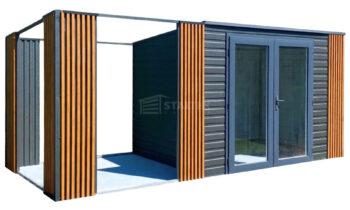Domek ogrodowy 3x2 m - wiata 2x2 m - drzwi PCV - antracyt - dekor z lameli - jasny orzech - dach spad w tył ST255